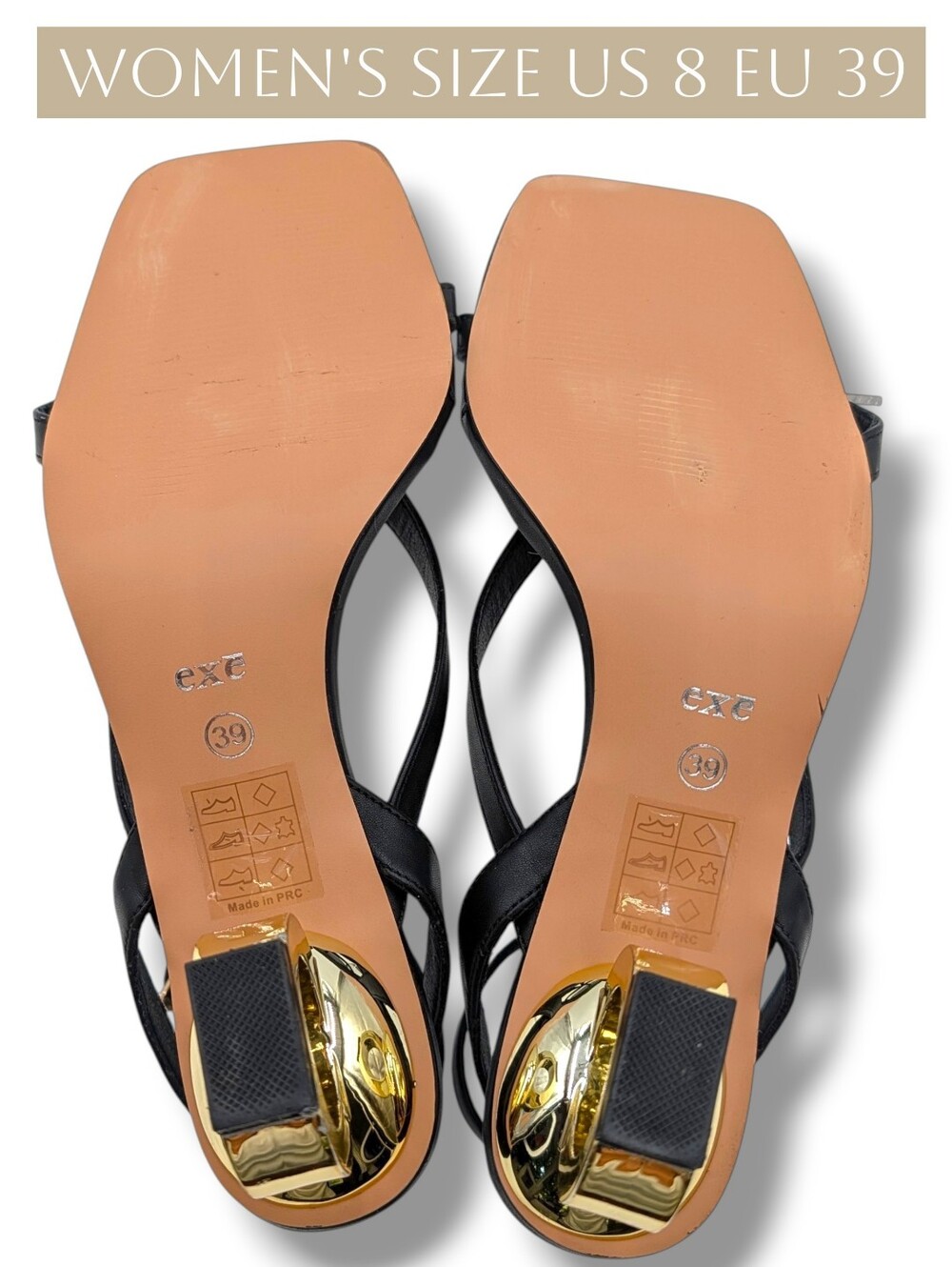 EXÉ Size 39 US 8 Genuine Black Leather With Gold-Tone Ring Heel Strappy Sandals - Picture 16 of 17